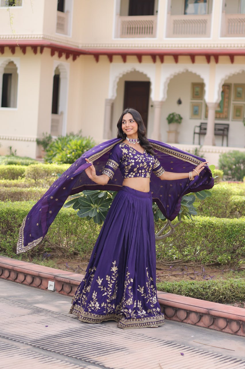 Purple Designer Vichitra Silk Sequins & Zari Embroidered Lehenga Choli Set with Matching Dupatta – Fully Stitched Festive & Wedding Wear Ensemble