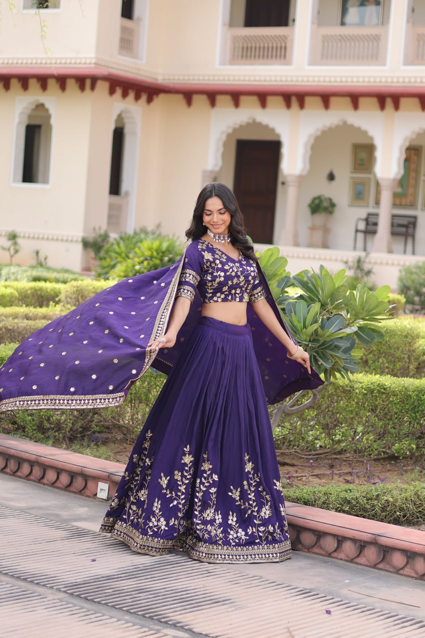 Purple Designer Vichitra Silk Sequins & Zari Embroidered Lehenga Choli Set with Matching Dupatta – Fully Stitched Festive & Wedding Wear Ensemble