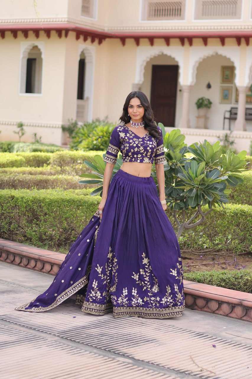 Purple Designer Vichitra Silk Sequins & Zari Embroidered Lehenga Choli Set with Matching Dupatta – Fully Stitched Festive & Wedding Wear Ensemble