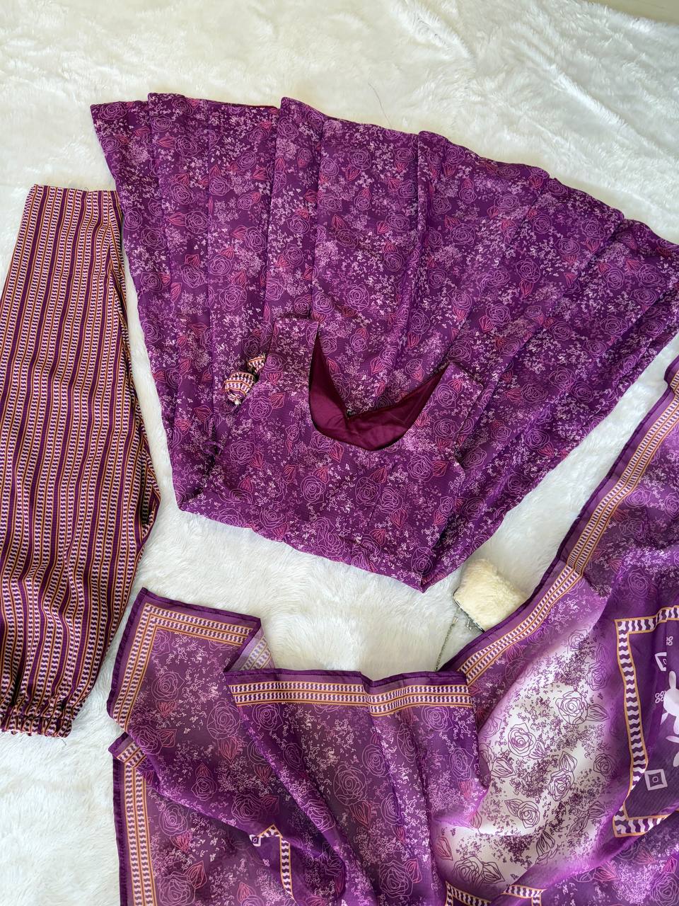 Purple Digital Printed Cotton Anarkali Suit Set with Dupatta & Bottom – Fully Stitched