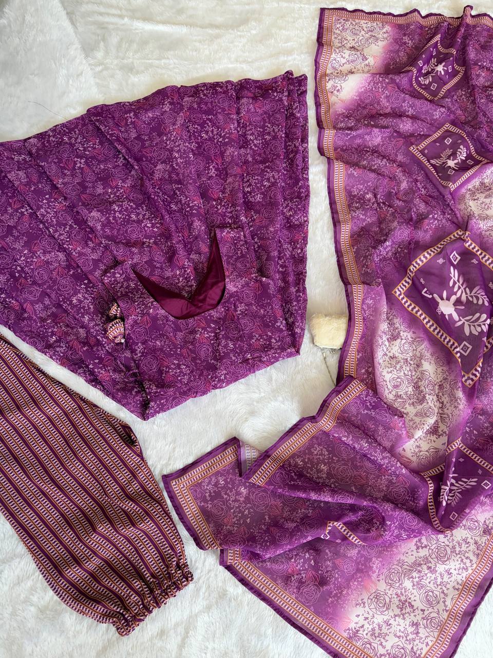 Purple Digital Printed Cotton Anarkali Suit Set with Dupatta & Bottom – Fully Stitched