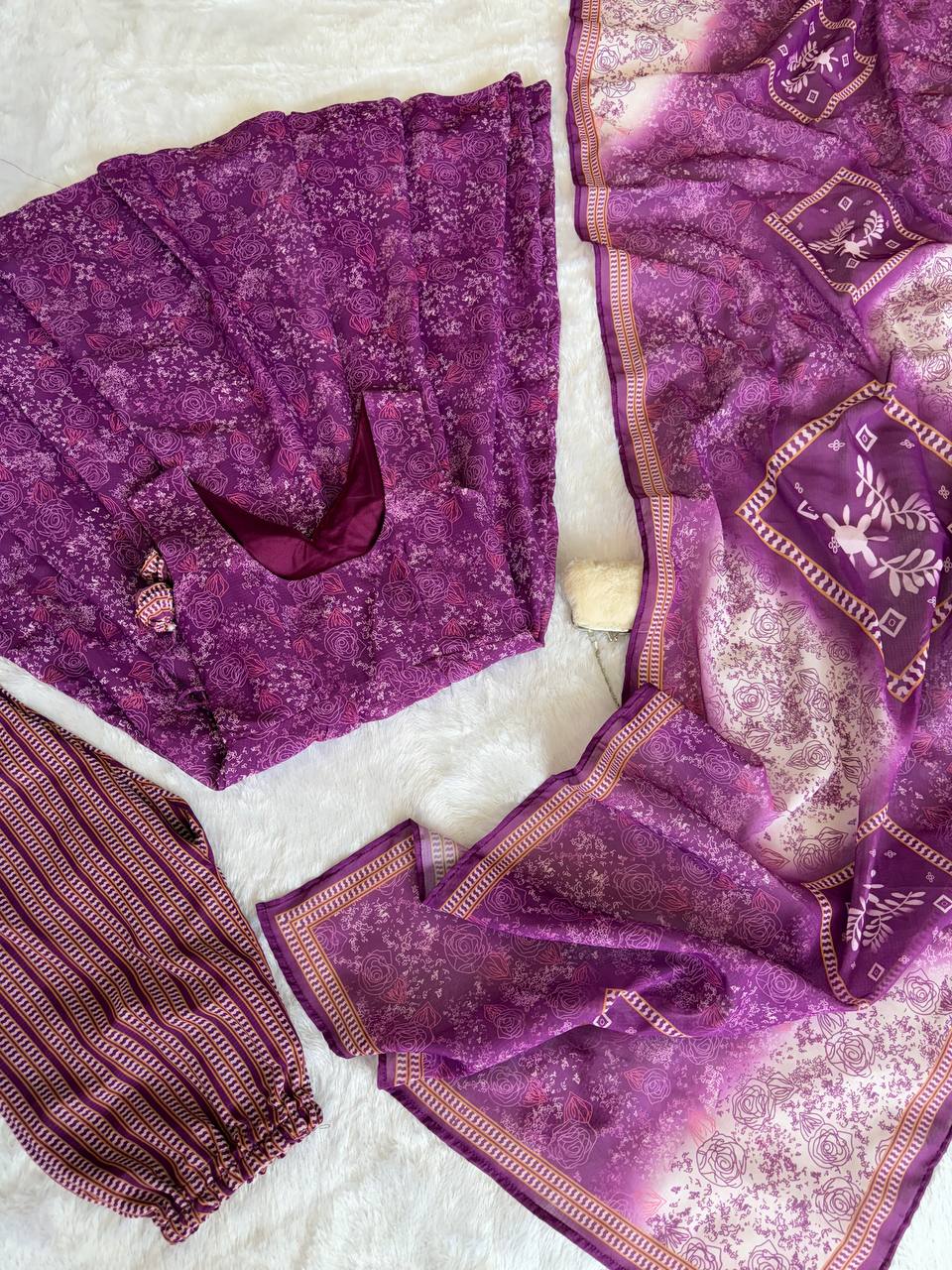 Purple Digital Printed Cotton Anarkali Suit Set with Dupatta & Bottom – Fully Stitched