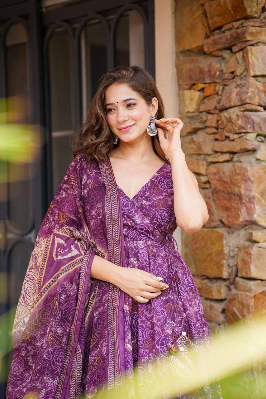 Purple Digital Printed Cotton Anarkali Suit Set with Dupatta & Bottom – Fully Stitched