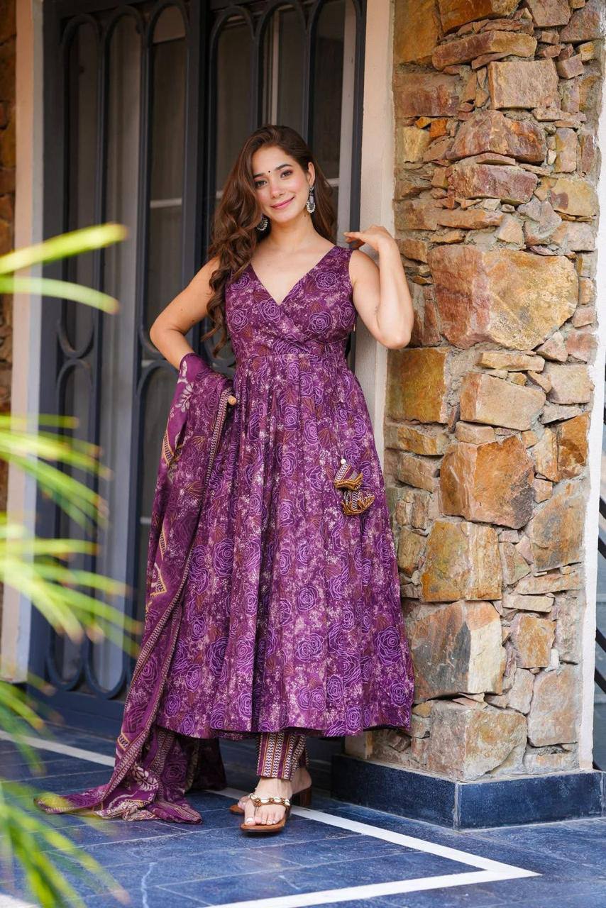 Purple Digital Printed Cotton Anarkali Suit Set with Dupatta & Bottom – Fully Stitched