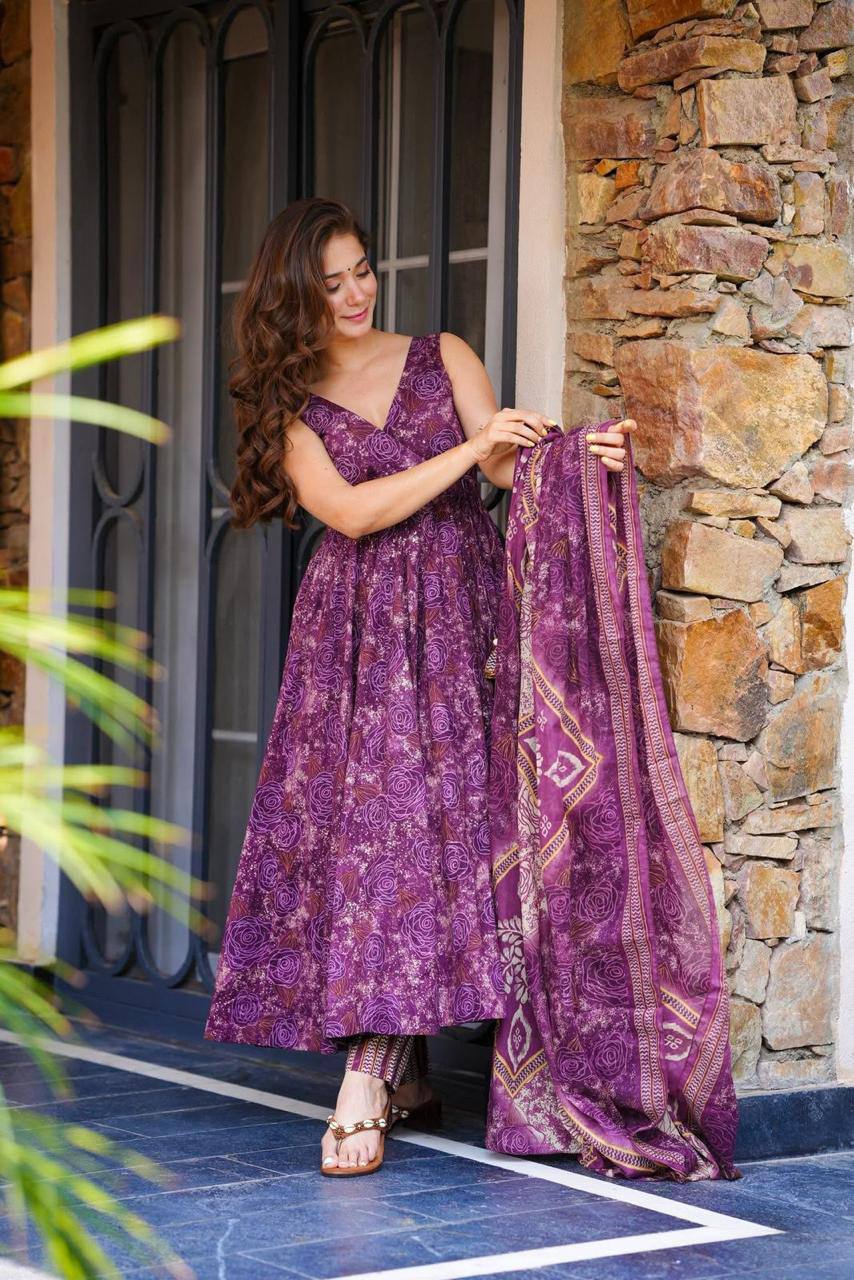 Purple Digital Printed Cotton Anarkali Suit Set with Dupatta & Bottom – Fully Stitched