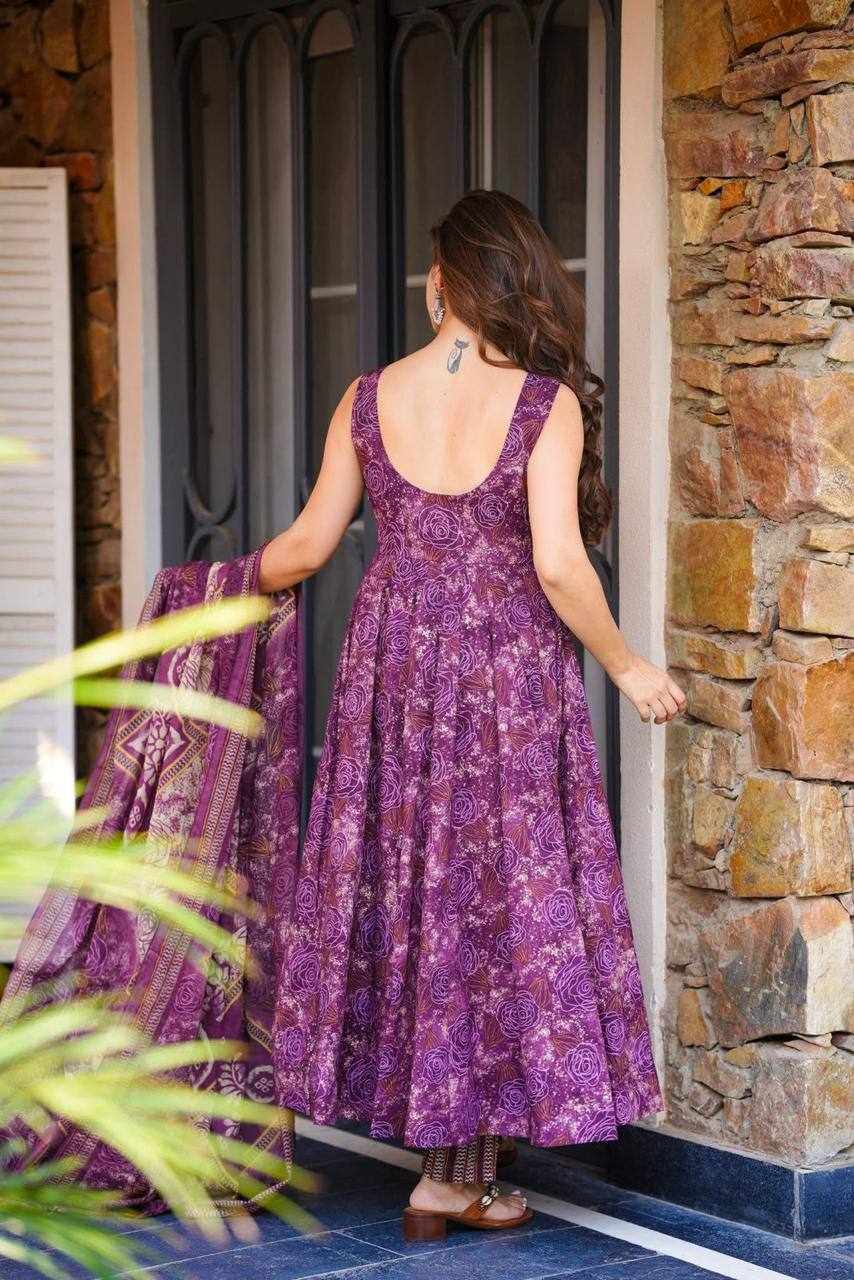 Purple Digital Printed Cotton Anarkali Suit Set with Dupatta & Bottom – Fully Stitched