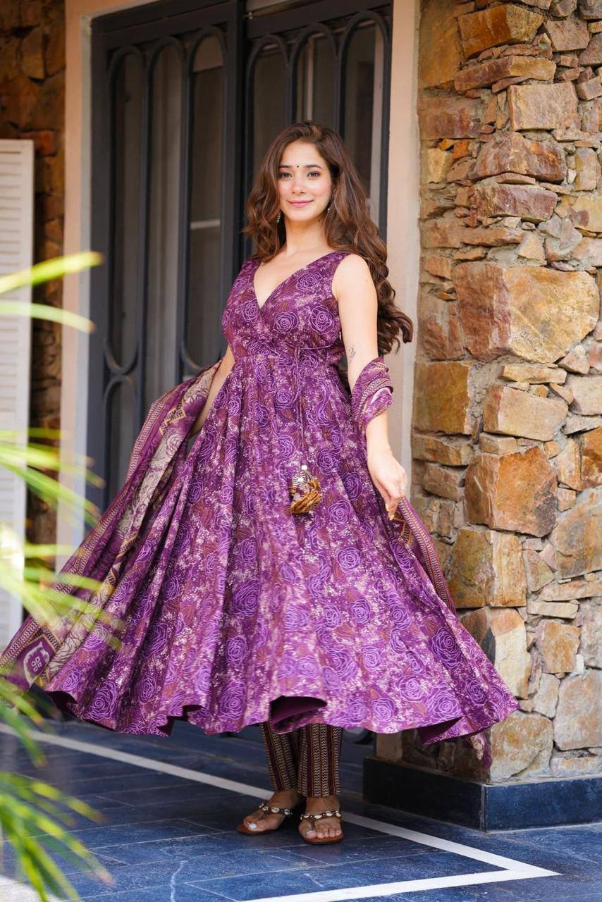 Purple Digital Printed Cotton Anarkali Suit Set with Dupatta & Bottom – Fully Stitched