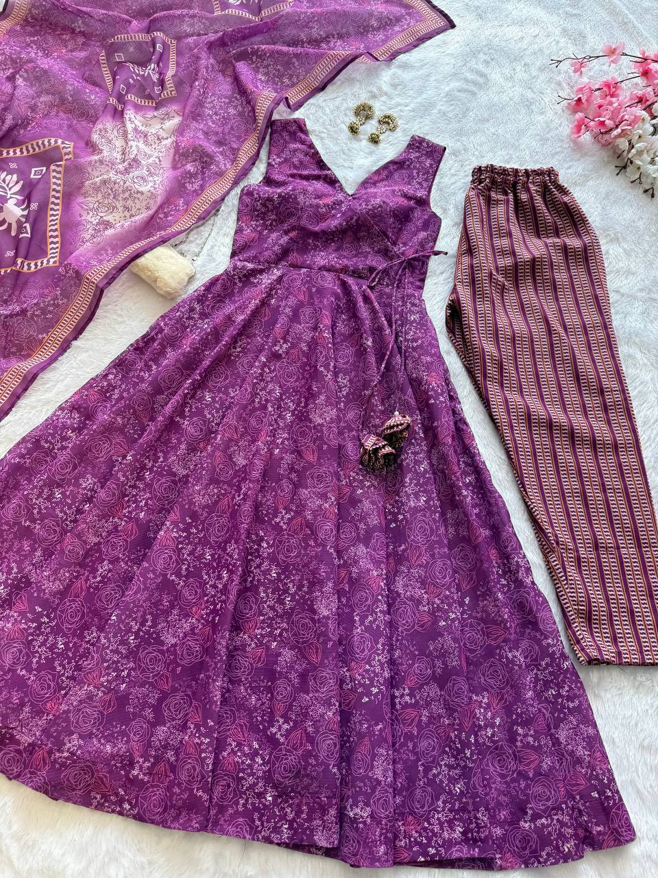 Purple Digital Printed Cotton Anarkali Suit Set with Dupatta & Bottom – Fully Stitched