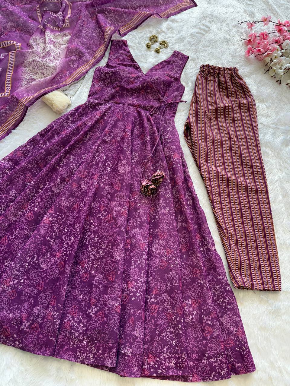 Purple Digital Printed Cotton Anarkali Suit Set with Dupatta & Bottom – Fully Stitched