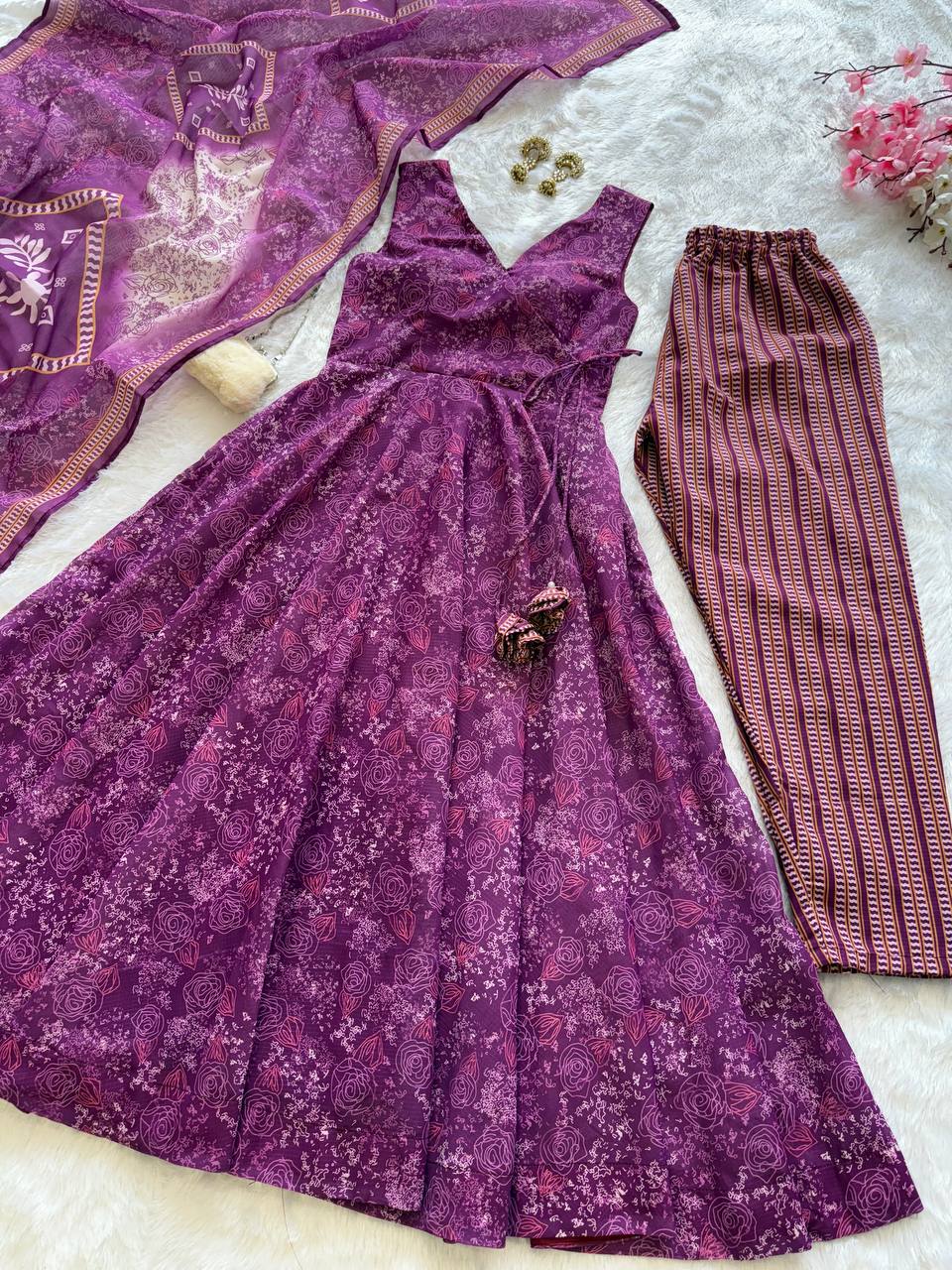 Purple Digital Printed Cotton Anarkali Suit Set with Dupatta & Bottom – Fully Stitched