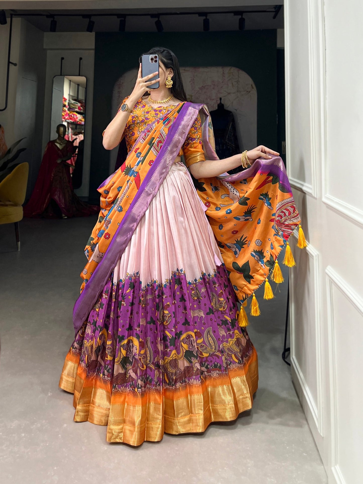 Purple Dola Silk Lehenga Choli with Kalamkari Print & Weaving Border