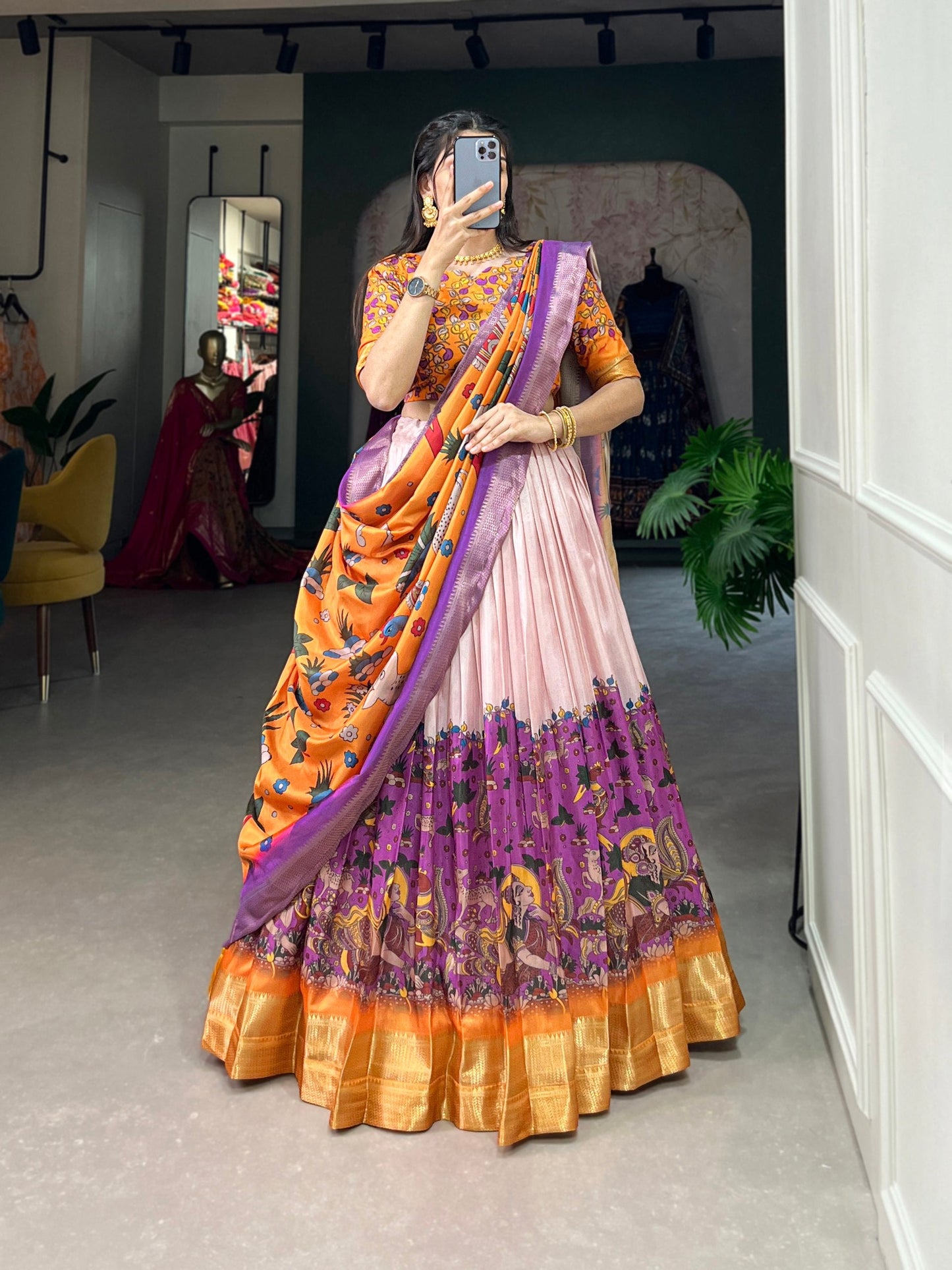 Purple Dola Silk Lehenga Choli with Kalamkari Print & Weaving Border