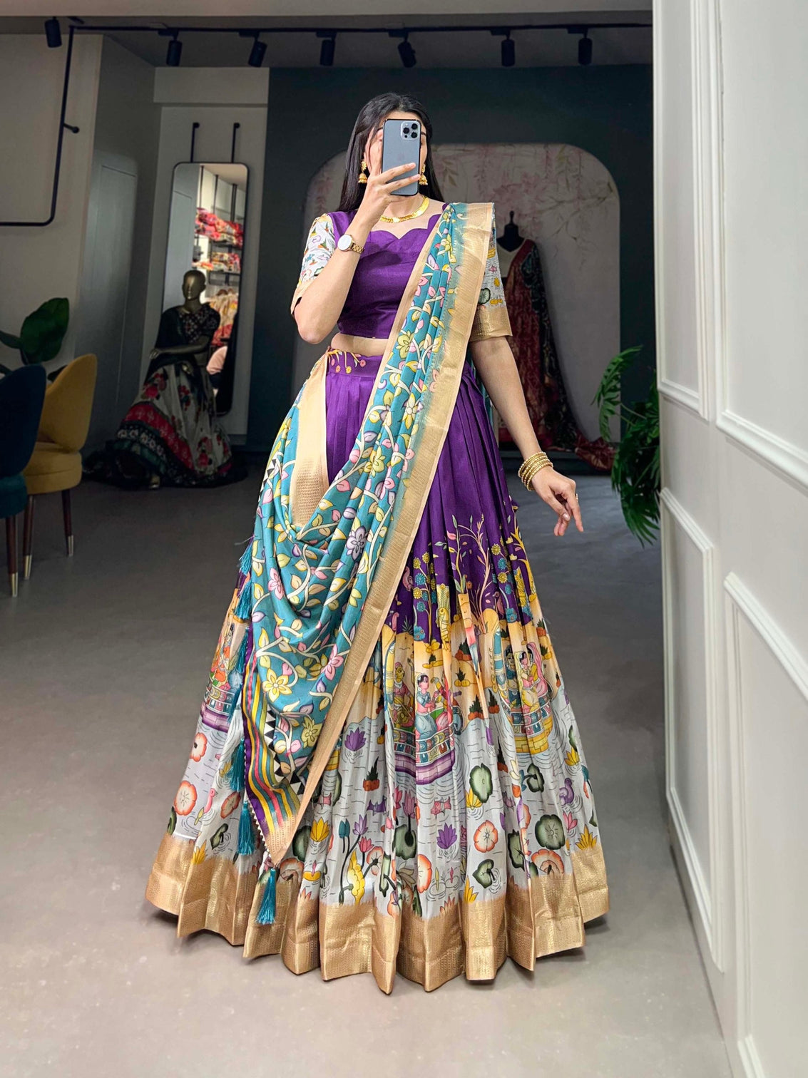 Alluring Purple Dola Silk Lehenga Choli with Enchanting Kalamkari Prints