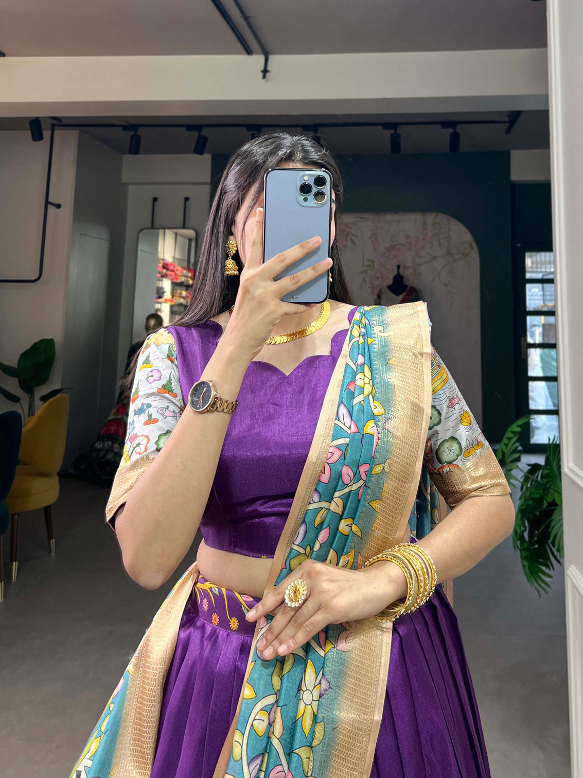 Alluring Purple Dola Silk Lehenga Choli with Enchanting Kalamkari Prints