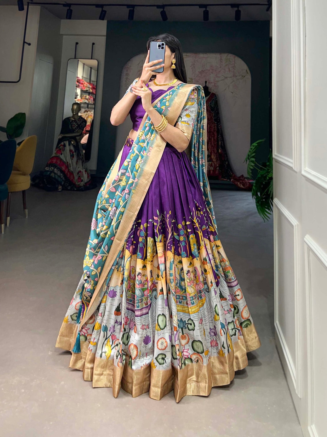 Alluring Purple Dola Silk Lehenga Choli with Enchanting Kalamkari Prints