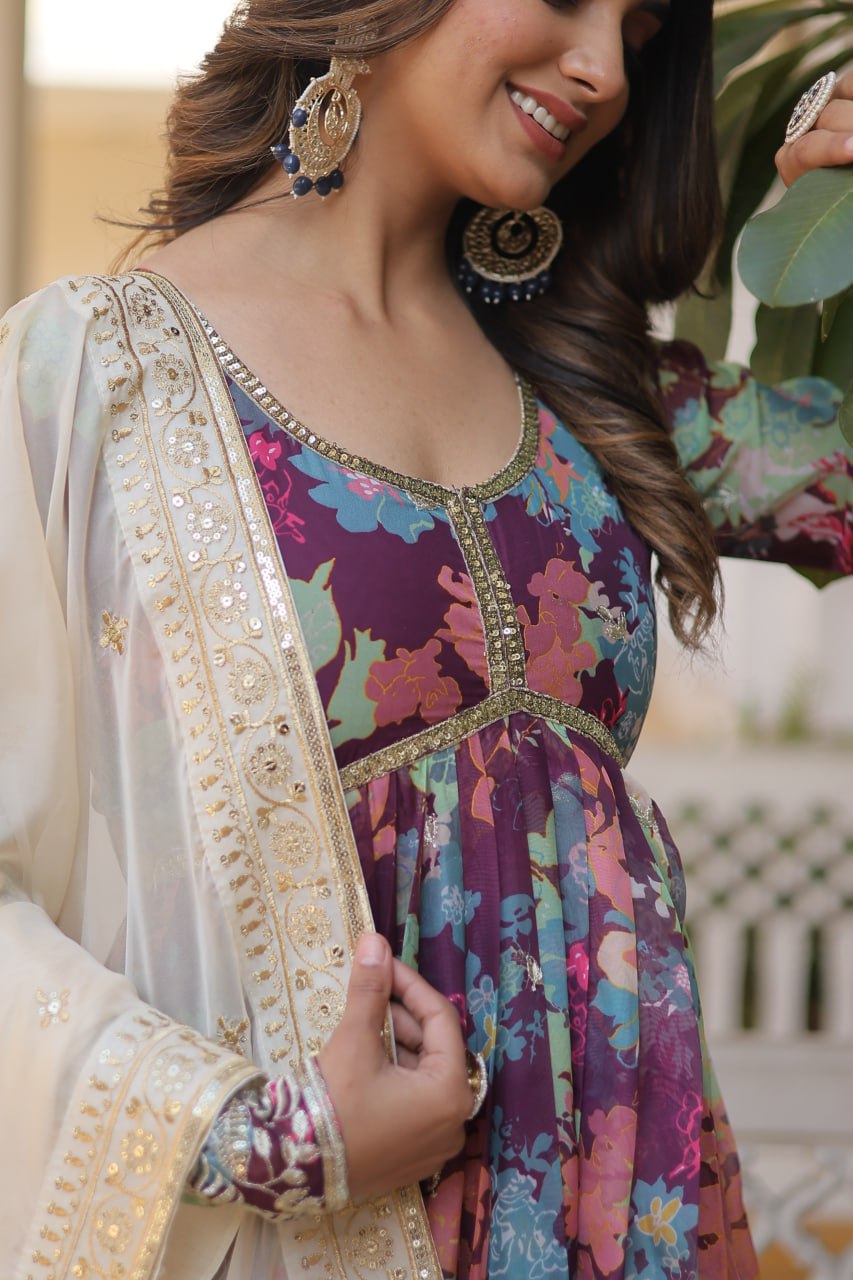 Purple Elegant Alia Cut Gown | Digital Print & Sequins | Readymade Luxury Look