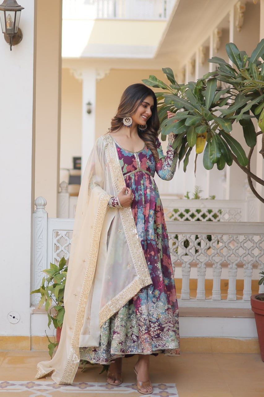 Purple Elegant Alia Cut Gown | Digital Print & Sequins | Readymade Luxury Look