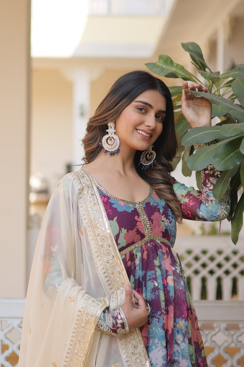 Purple Elegant Alia Cut Gown | Digital Print & Sequins | Readymade Luxury Look