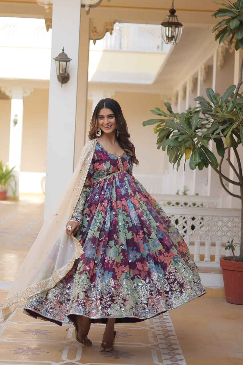 Purple Elegant Alia Cut Gown | Digital Print & Sequins | Readymade Luxury Look