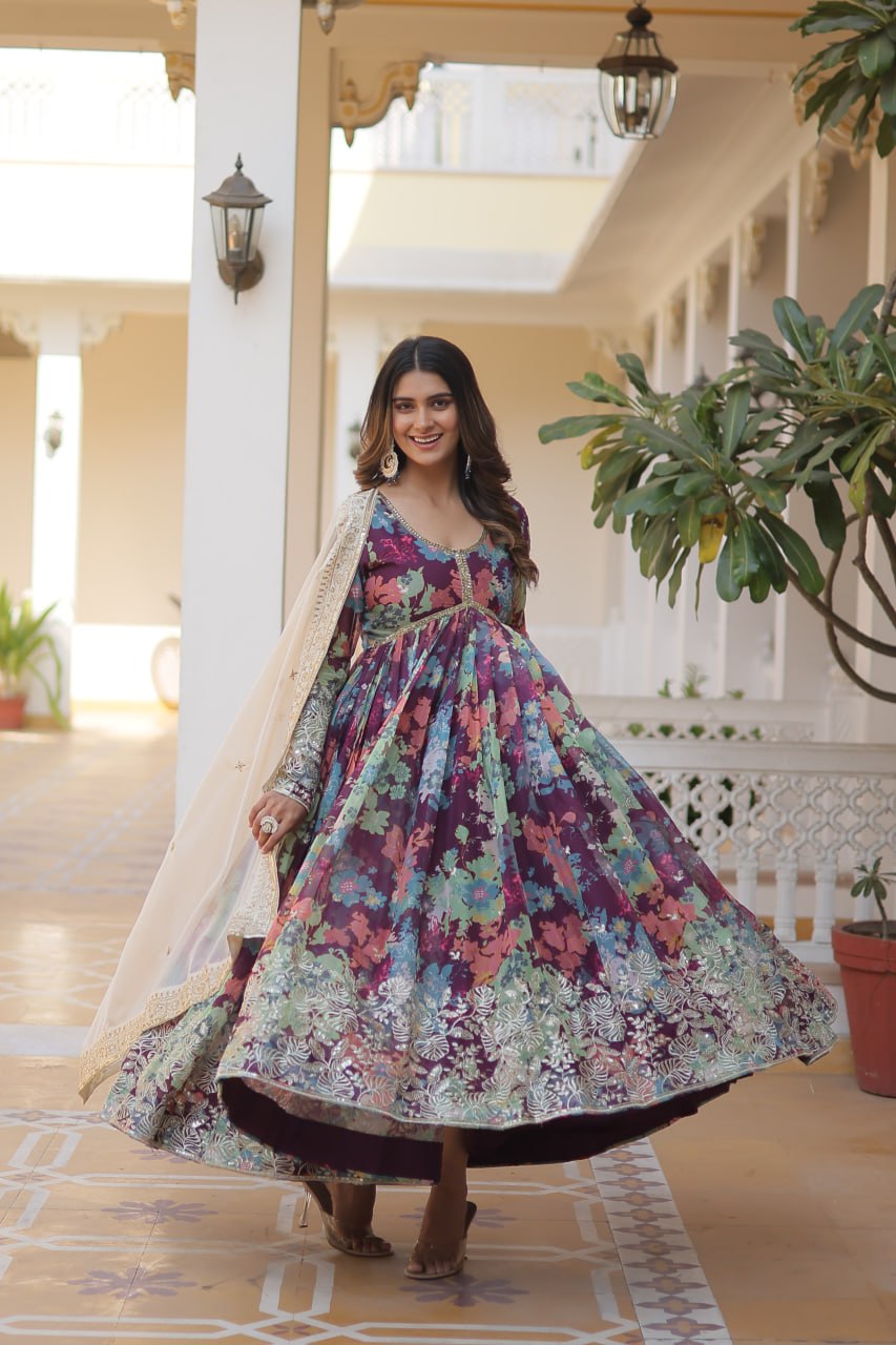 Purple Elegant Alia Cut Gown | Digital Print & Sequins | Readymade Luxury Look