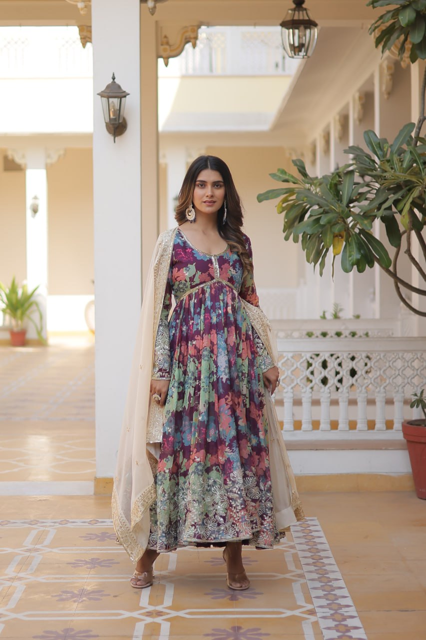 Purple Elegant Alia Cut Gown | Digital Print & Sequins | Readymade Luxury Look