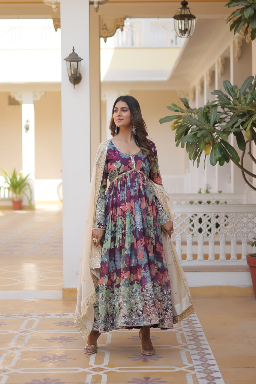 Purple Elegant Alia Cut Gown | Digital Print & Sequins | Readymade Luxury Look