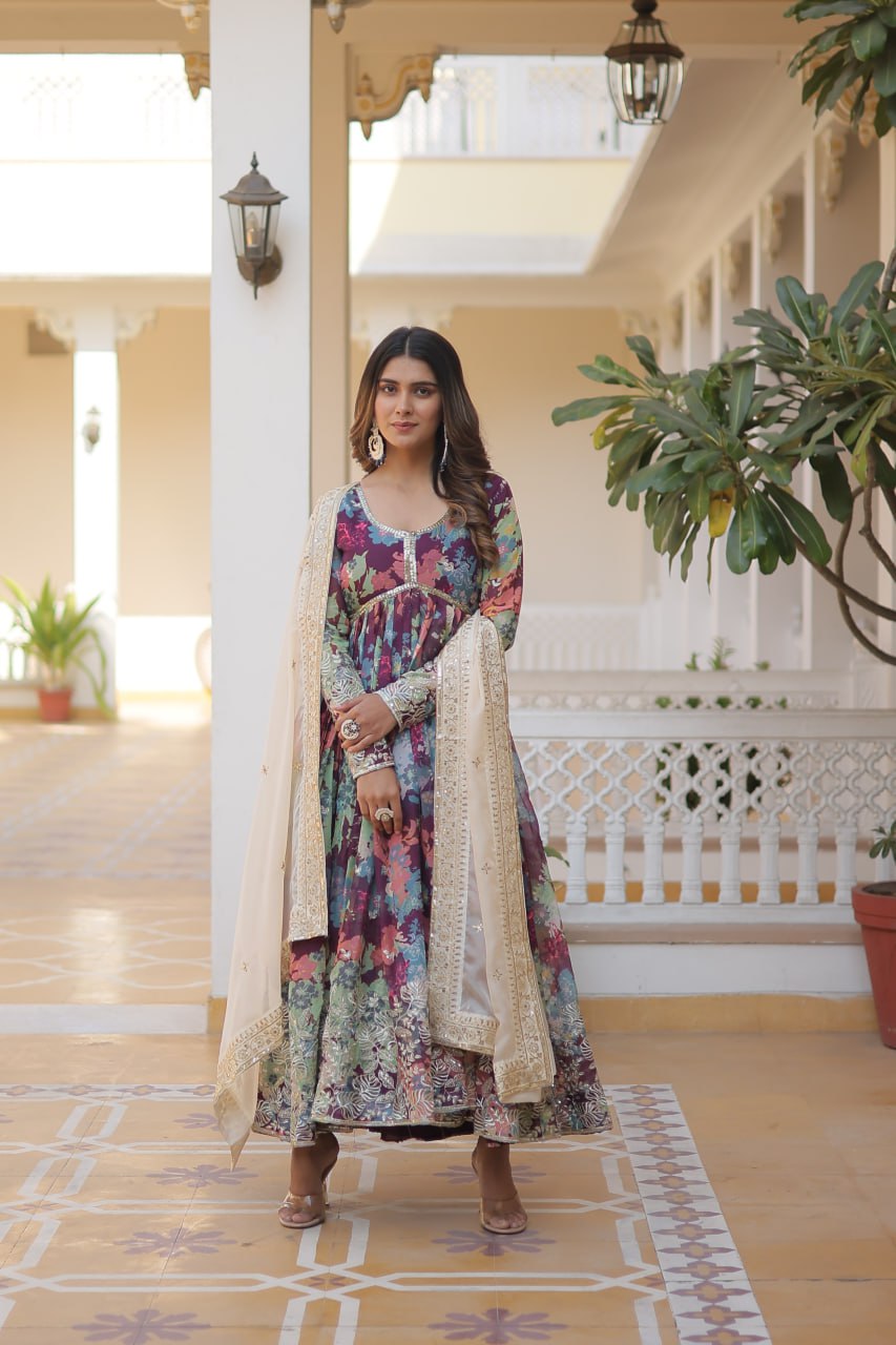 Purple Elegant Alia Cut Gown | Digital Print & Sequins | Readymade Luxury Look