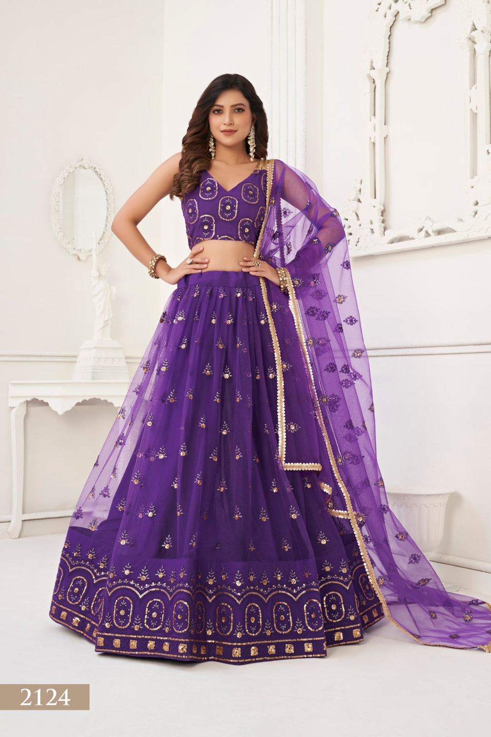 Purple Elegant Butterfly Net Lehenga with Tone-to-Tone Embroidery