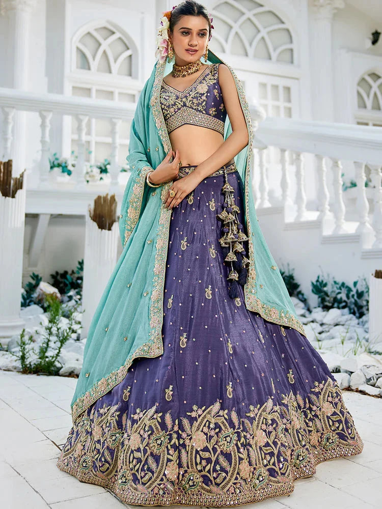Purple Elegant Chiffon Sequin Embroidered Lehenga Choli Set with Ethnic Dupatta & Handmade Latkan