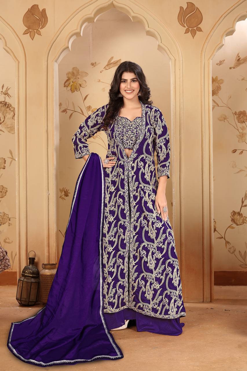 Purple Elegant Chinon Embroidered Jacket Set with Blouse, Bottom & Dupatta – Fully Stitched