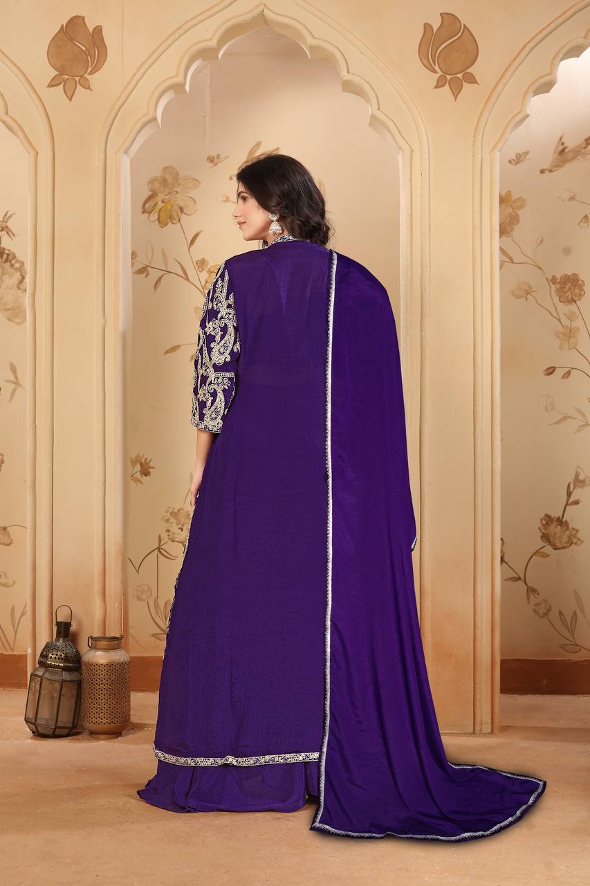 Purple Elegant Chinon Embroidered Jacket Set with Blouse, Bottom & Dupatta – Fully Stitched