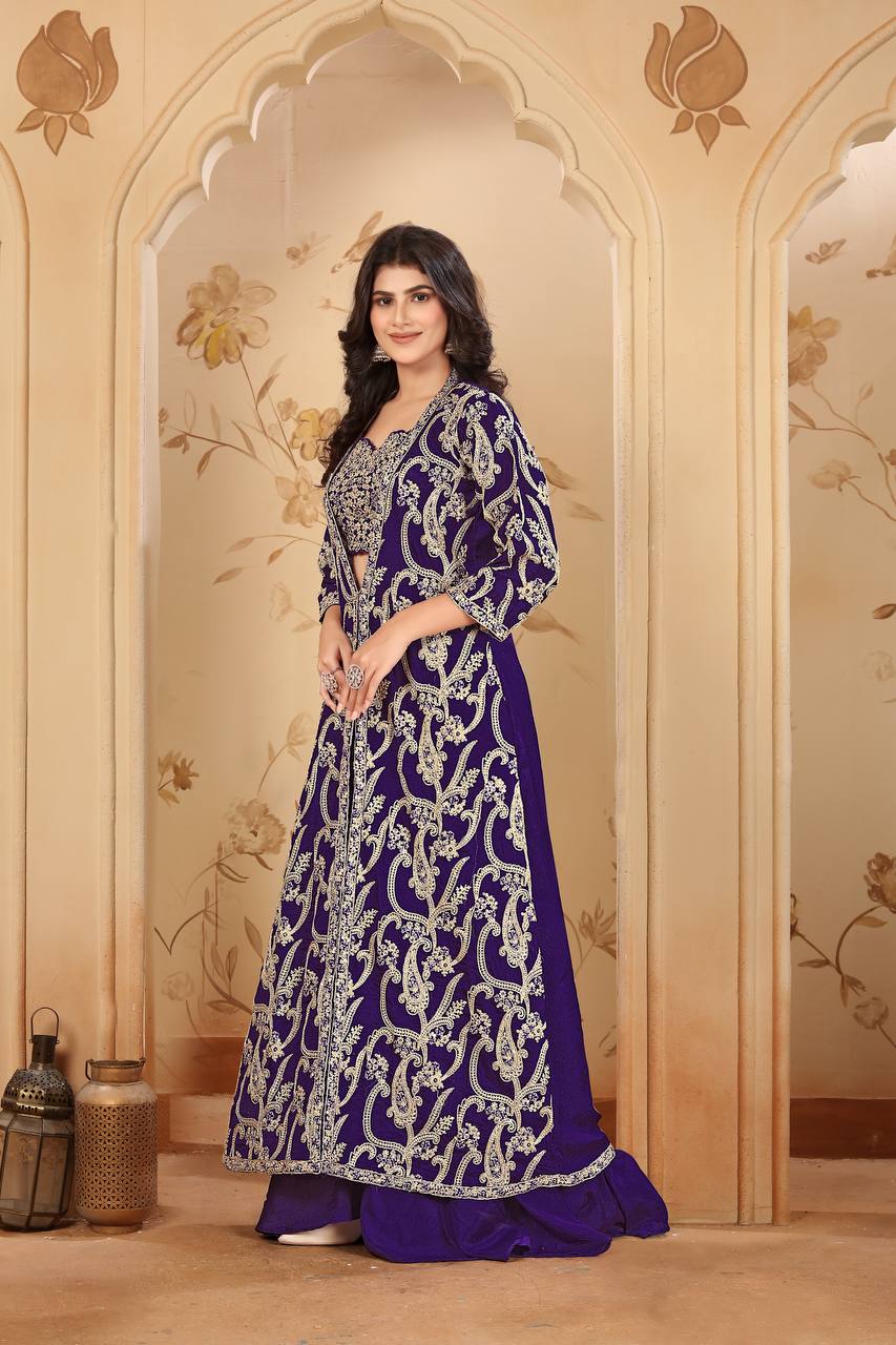Purple Elegant Chinon Embroidered Jacket Set with Blouse, Bottom & Dupatta – Fully Stitched