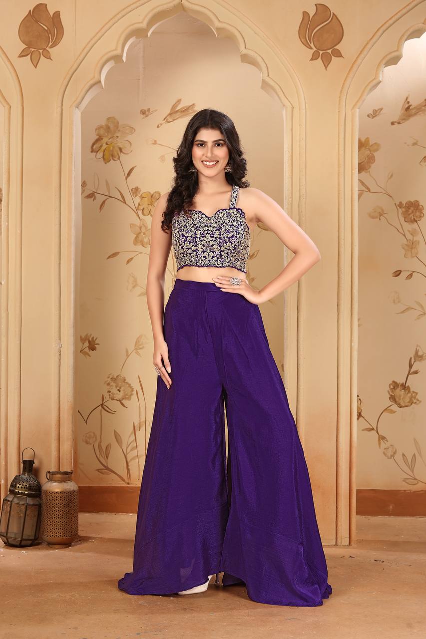 Purple Elegant Chinon Embroidered Jacket Set with Blouse, Bottom & Dupatta – Fully Stitched