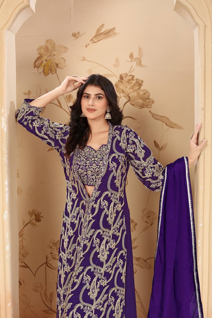 Purple Elegant Chinon Embroidered Jacket Set with Blouse, Bottom & Dupatta – Fully Stitched