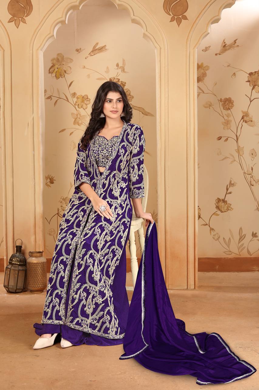 Purple Elegant Chinon Embroidered Jacket Set with Blouse, Bottom & Dupatta – Fully Stitched