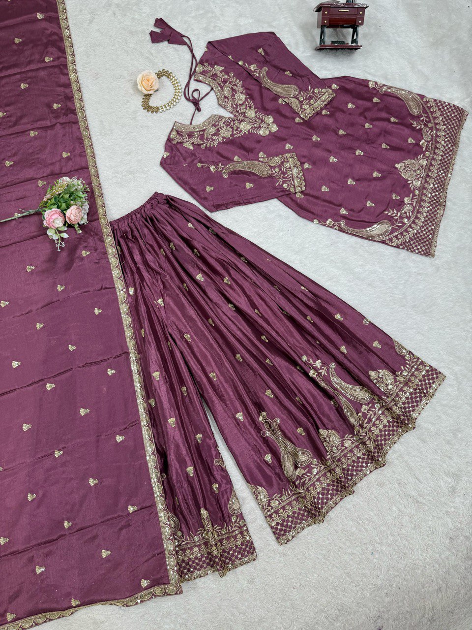 Purple Elegant Chinon Silk 3-Piece Suit Set with Sequin Embroidery & Lace Border Dupatta
