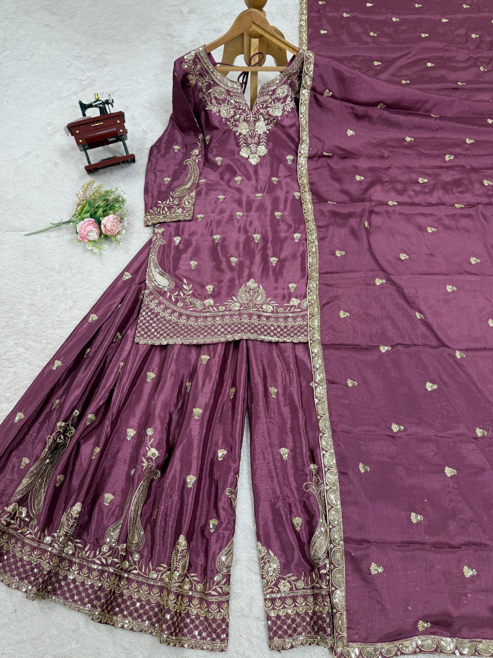 Purple Elegant Chinon Silk 3-Piece Suit Set with Sequin Embroidery & Lace Border Dupatta