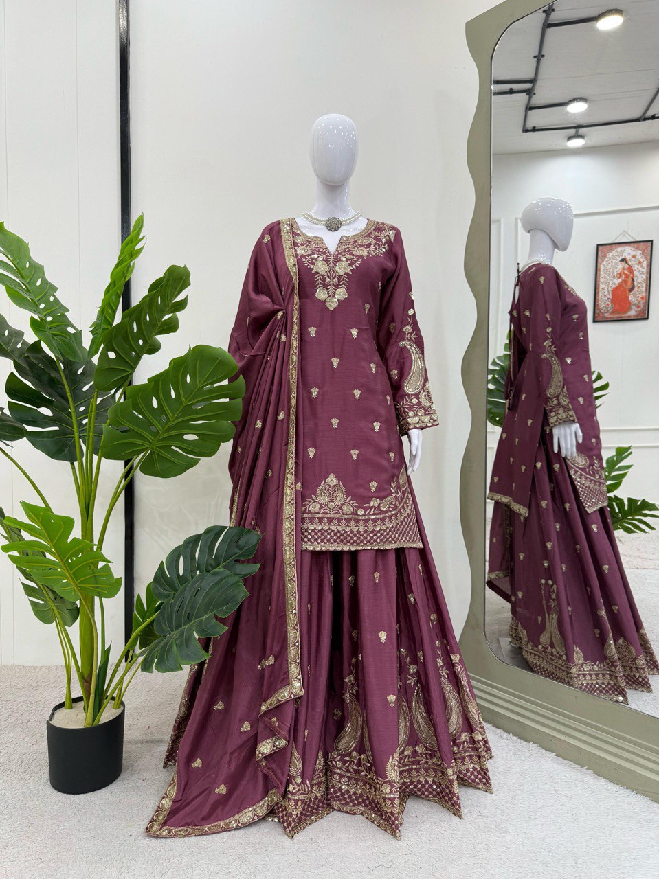Purple Elegant Chinon Silk 3-Piece Suit Set with Sequin Embroidery & Lace Border Dupatta