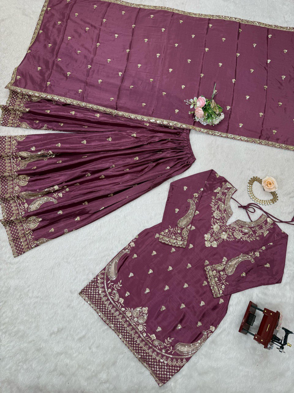 Purple Elegant Chinon Silk 3-Piece Suit Set with Sequin Embroidery & Lace Border Dupatta