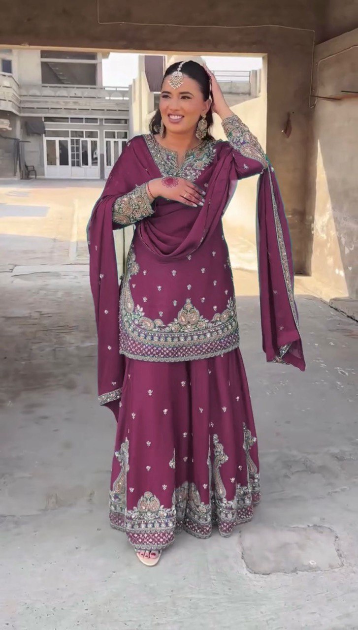 Purple Elegant Chinon Silk 3-Piece Suit Set with Sequin Embroidery & Lace Border Dupatta