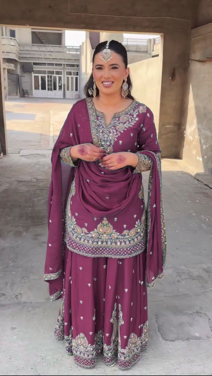 Purple Elegant Chinon Silk 3-Piece Suit Set with Sequin Embroidery & Lace Border Dupatta