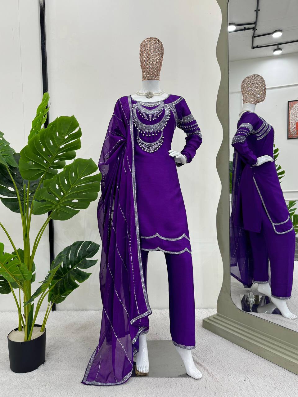 Purple Elegant Chinon Silk Ensemble – Timeless Grace & Luxury
