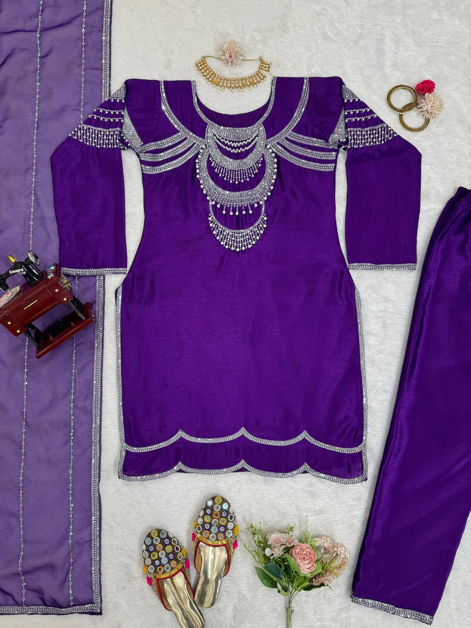 Purple Elegant Chinon Silk Ensemble – Timeless Grace & Luxury
