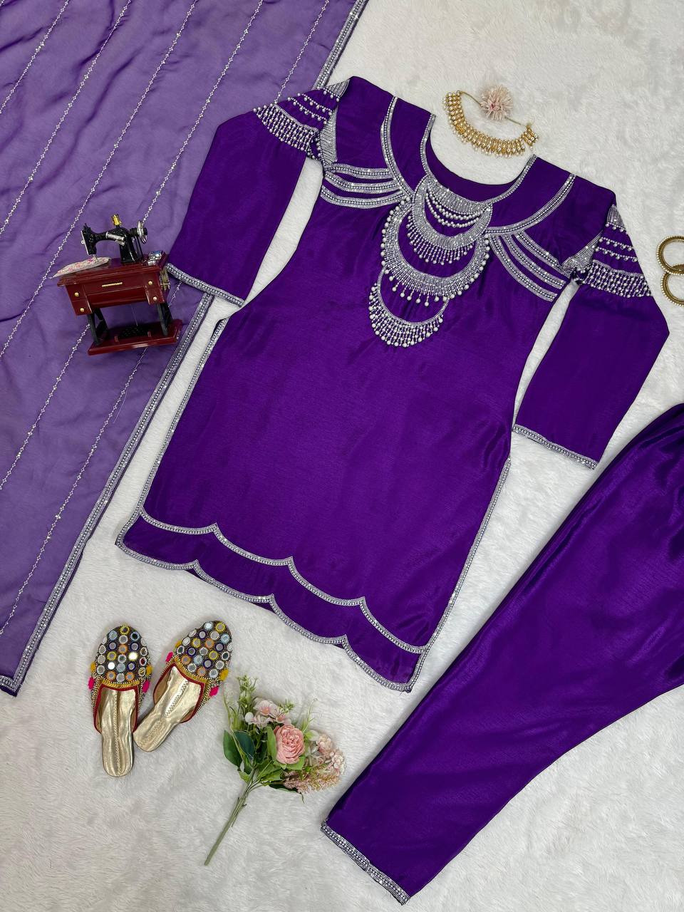 Purple Elegant Chinon Silk Ensemble – Timeless Grace & Luxury