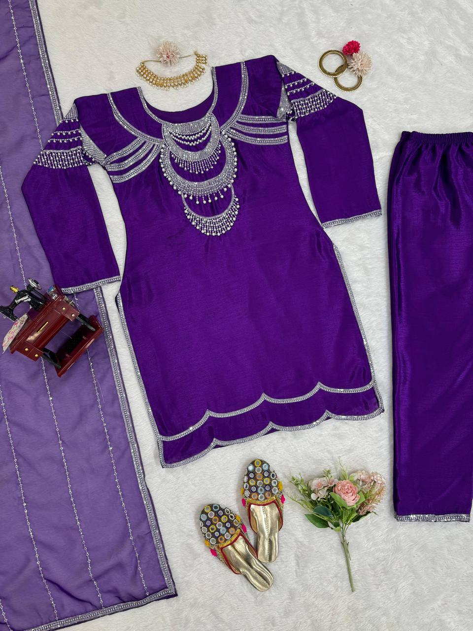 Purple Elegant Chinon Silk Ensemble – Timeless Grace & Luxury