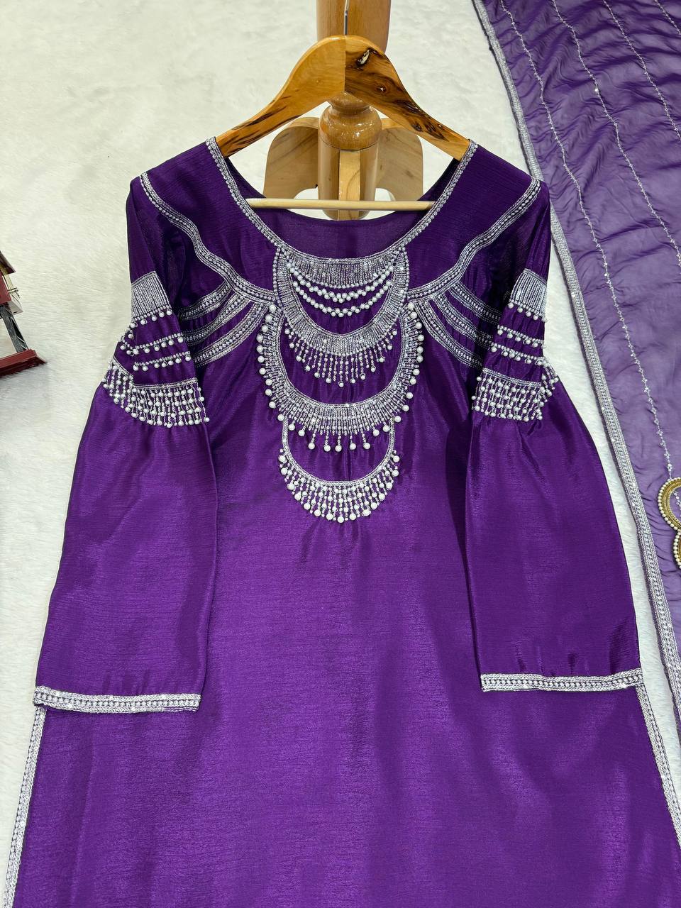 Purple Elegant Chinon Silk Ensemble – Timeless Grace & Luxury