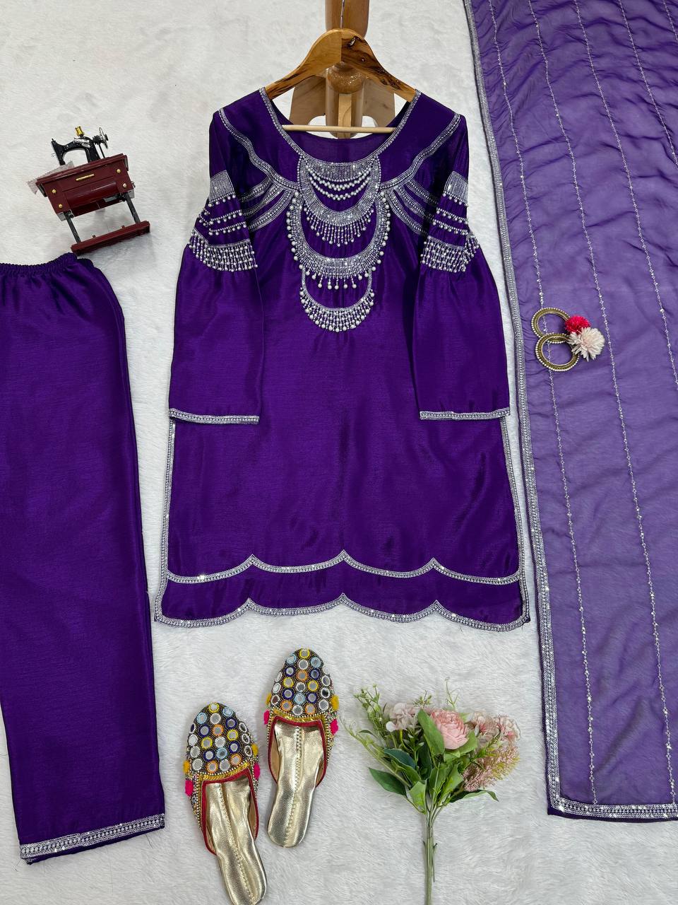 Purple Elegant Chinon Silk Ensemble – Timeless Grace & Luxury