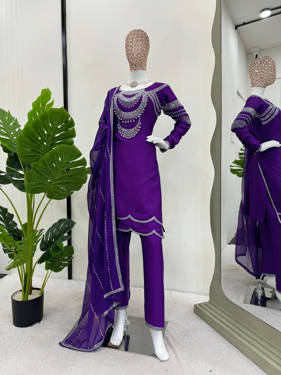 Purple Elegant Chinon Silk Ensemble – Timeless Grace & Luxury