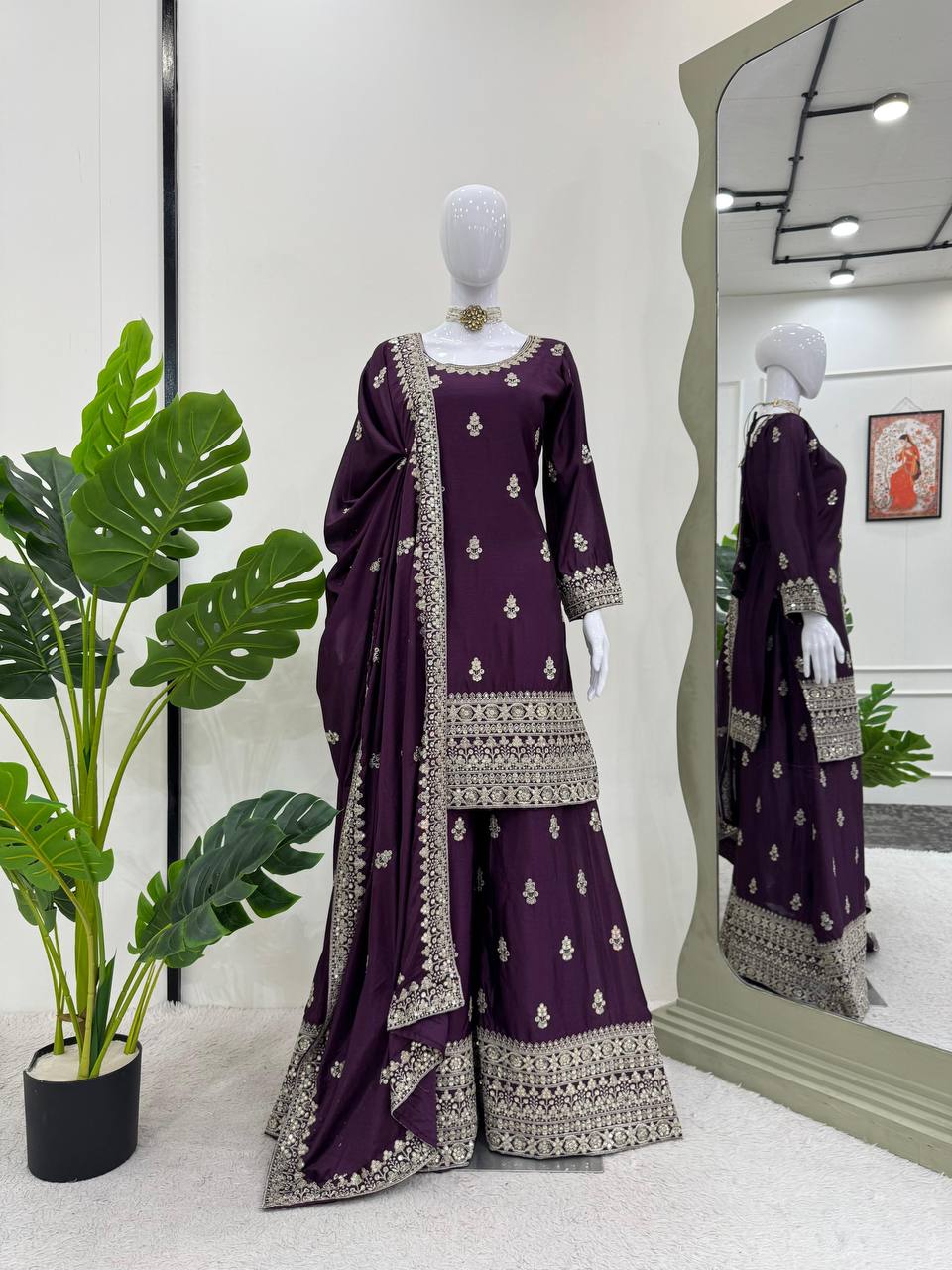 Purple Elegant Chinon Silk Ensemble – Top, Plazo & Dupatta