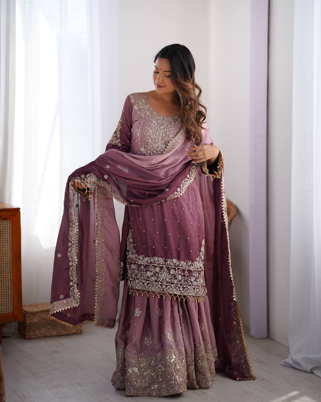 Purple Elegant Chinon Silk Ensemble – Top, Plazo & Dupatta